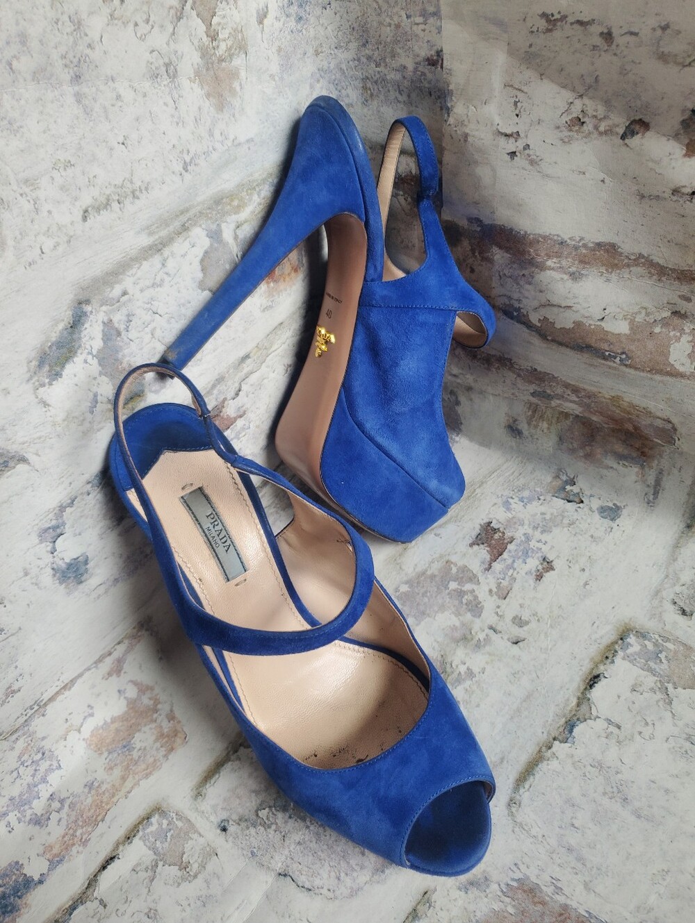 PRADA Cobalt Blue Suede Platform Peep-Toe Slingback Heels Size 40 - Picture 16 of 16